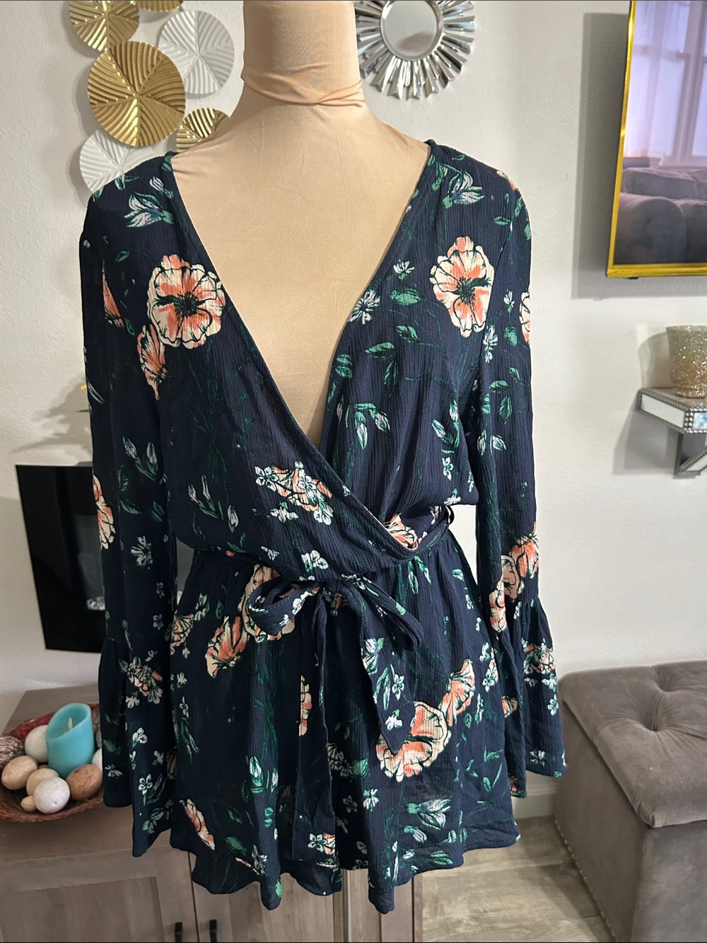 ❤️Cotton On Navy Floral Wrap Romper with Peach Blooms